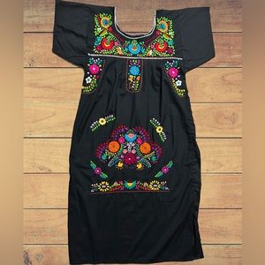 Traditional Mexican Floral Hand Embroidered Dress in Black